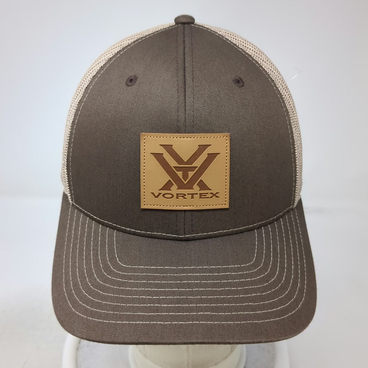 Vortex Trucker Hat Brown One Size Mesh Back Snapback Leather Logo Patch Cap