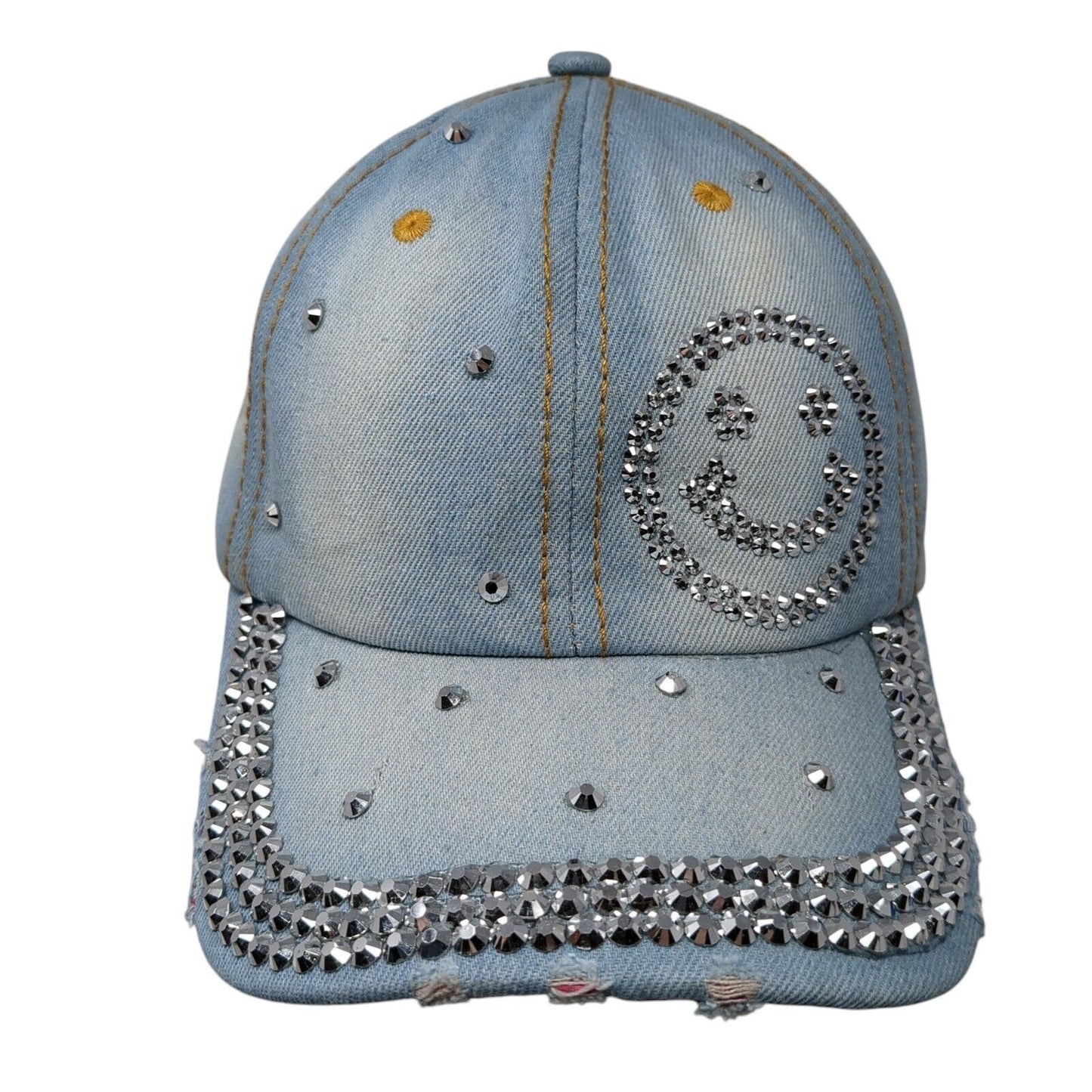 Smiley Bling Rhinestone Slideback Hat Blue One Size Denim Olivia & Kate
