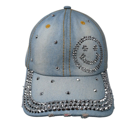 Smiley Bling Rhinestone Slideback Hat Blue One Size Denim Olivia & Kate