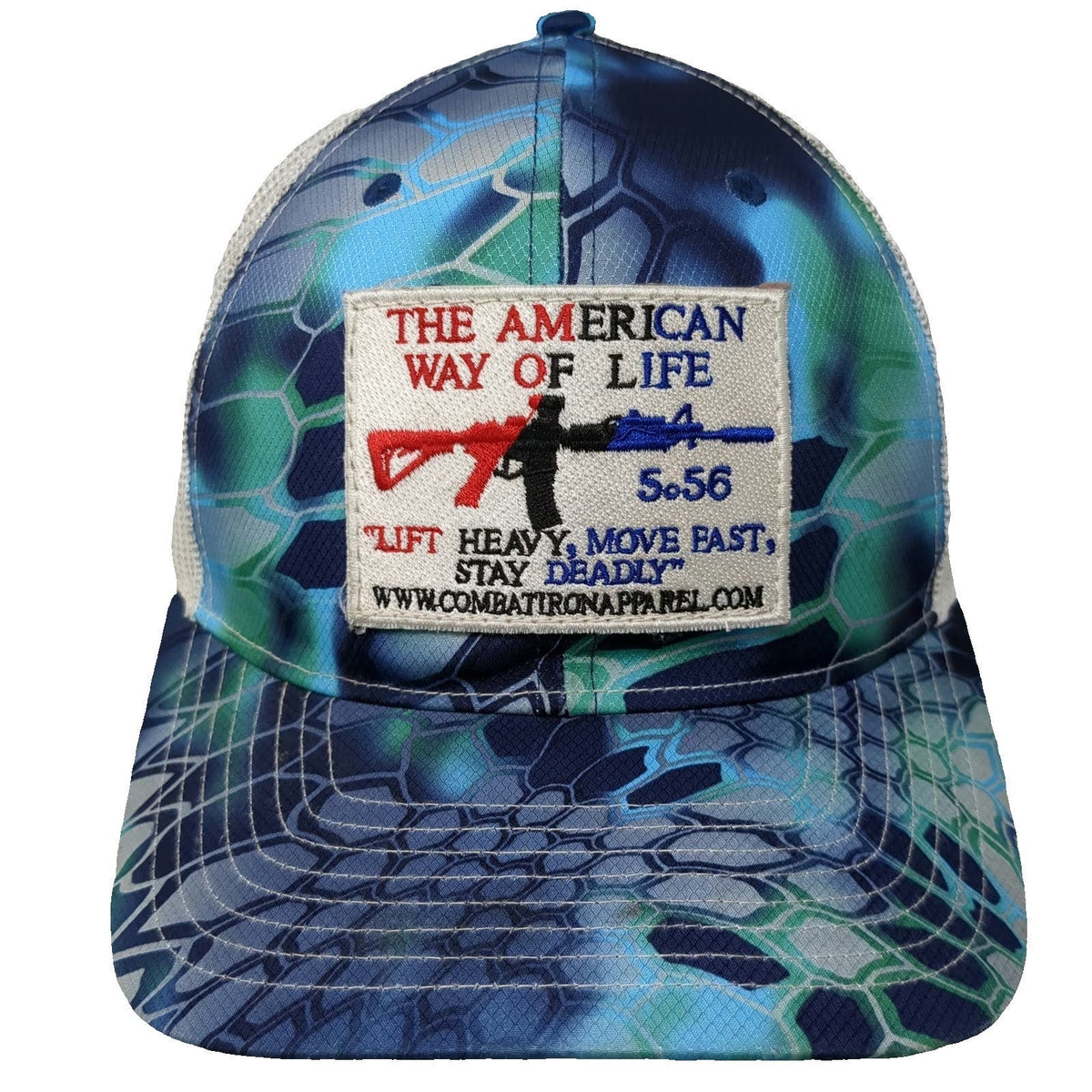 Richardson Trucker Hat Blue OSFM Combat Iron Apparel Mesh Camo Patch Snapback