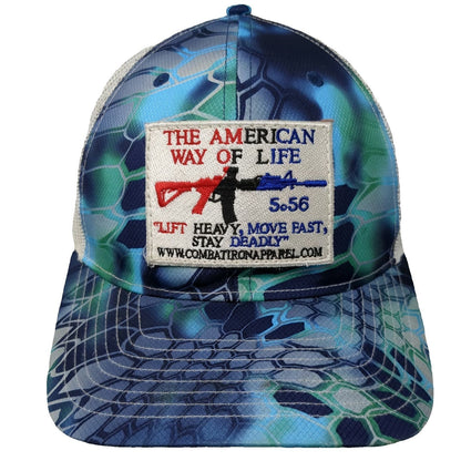 Richardson Trucker Hat Blue OSFM Combat Iron Apparel Mesh Camo Patch Snapback