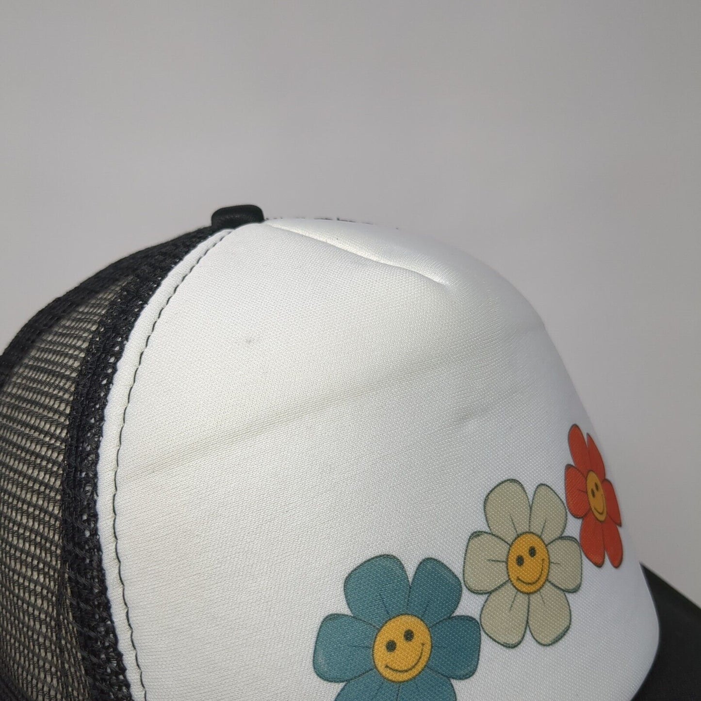 Smiley Flowers Snapback Trucker Hat Black OSFA Mesh Back Adjustable