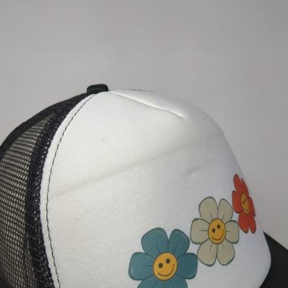 Smiley Flowers Snapback Trucker Hat Black OSFA Mesh Back Adjustable