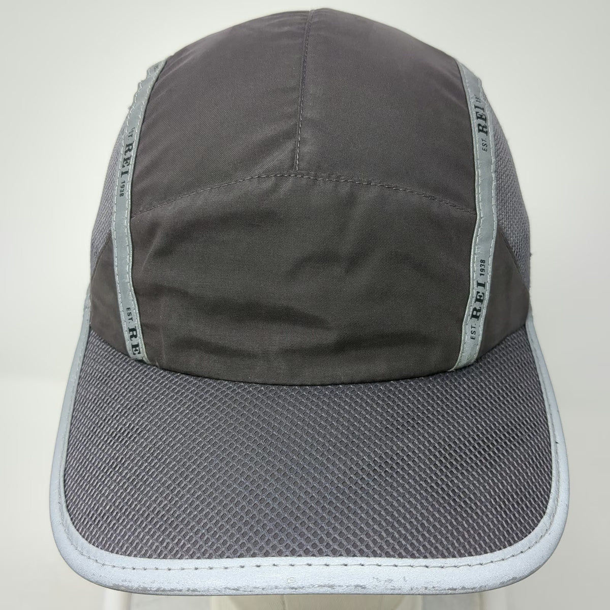 REI Baseball Cap Gray One Size Reflective Trim Mesh Panels Strapback Running Hat
