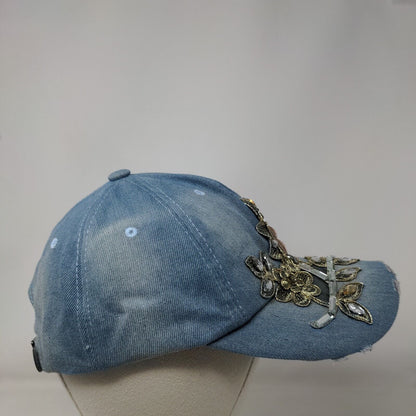 Unbranded Slideback Hat Blue OSFM Leather Strap Embellished Denim