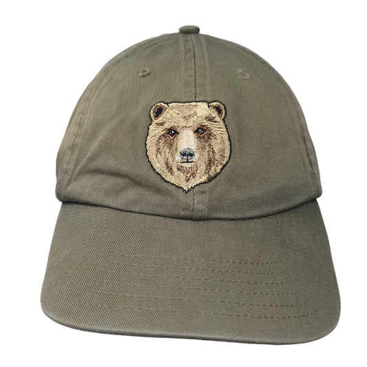 Grizzly Bear Face Strapback Hat Green One Size Embroidered 6 Panel