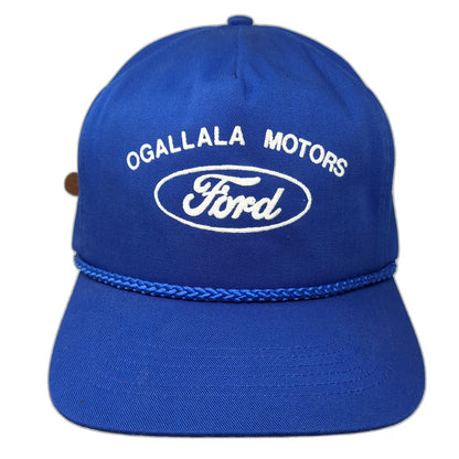 San Sun 5 Panel Hat Blue OS Ford Ogallala Motors Rope Leather Strapback Vintage