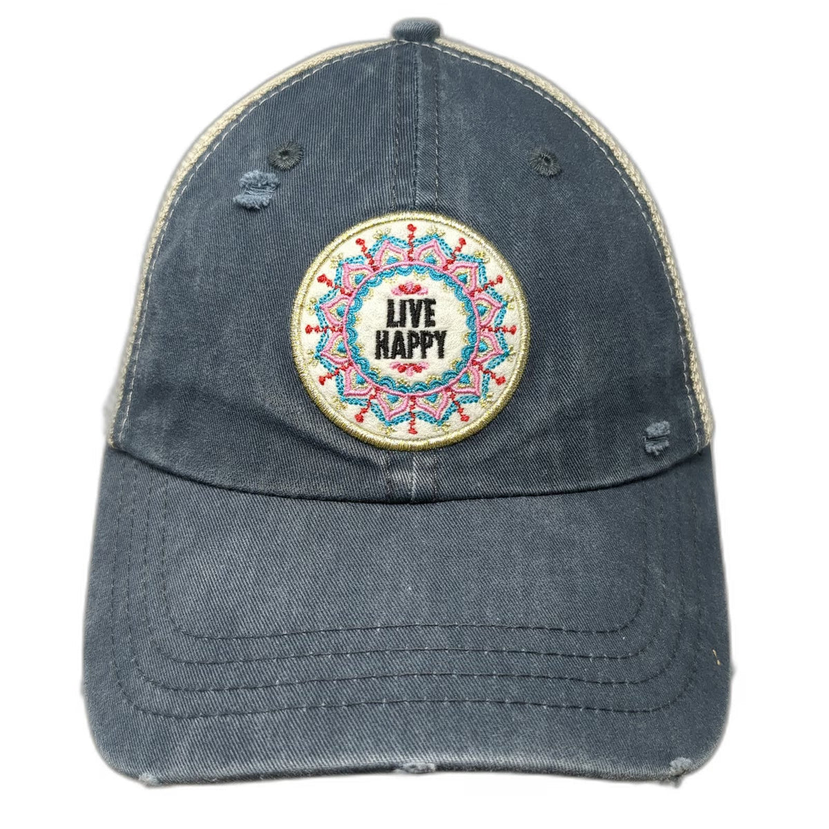 Natural Life Trucker Hat Blue One Size Mandala Mesh Back Snapback Graphic Happy