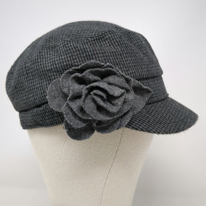 deLux Army Cap Gray One Size Flower Accent Micro Houndstooth Tweed Hat