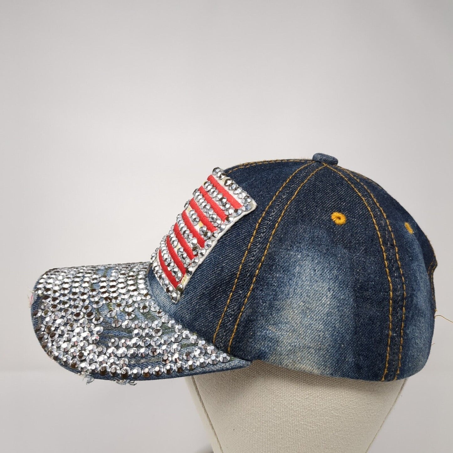 USA Flag Patch Bling Slideback Hat Blue Denim One Size Rhinestone