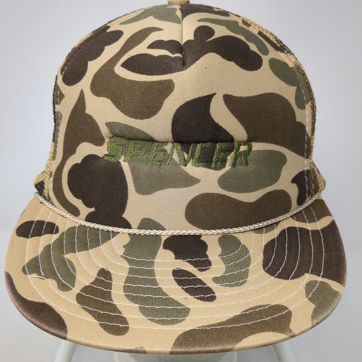 Nissin Cap Trucker Hat Brown One Size Camo Mesh Back Braided Rope Spencer