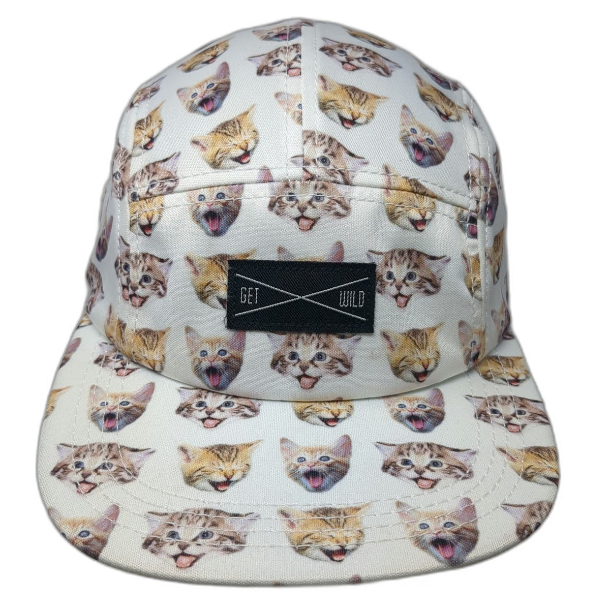 Get Wild 5 Panel White One Size All Over Kitten Print Hat Flat Brim Strapback