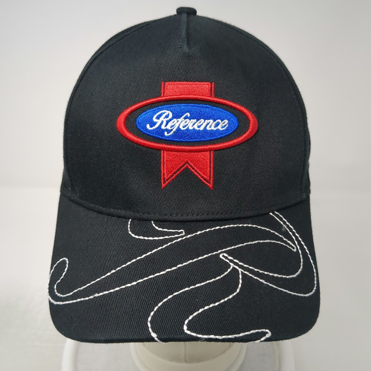Reference 5 Panel Black Hat One Size Graphic Brim Snapback Script Embroidery
