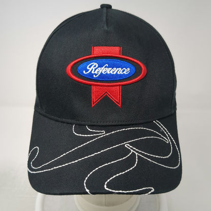 Reference 5 Panel Black Hat One Size Graphic Brim Snapback Script Embroidery