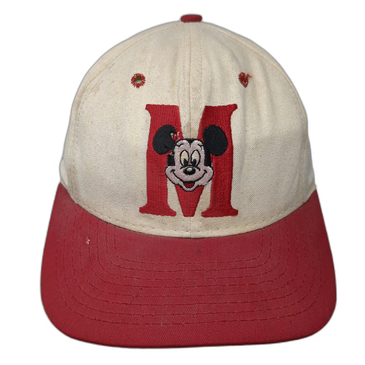 Disney Mickey Mouse Snapback Beige Red One Size Green Underbrim Made in USA Hat