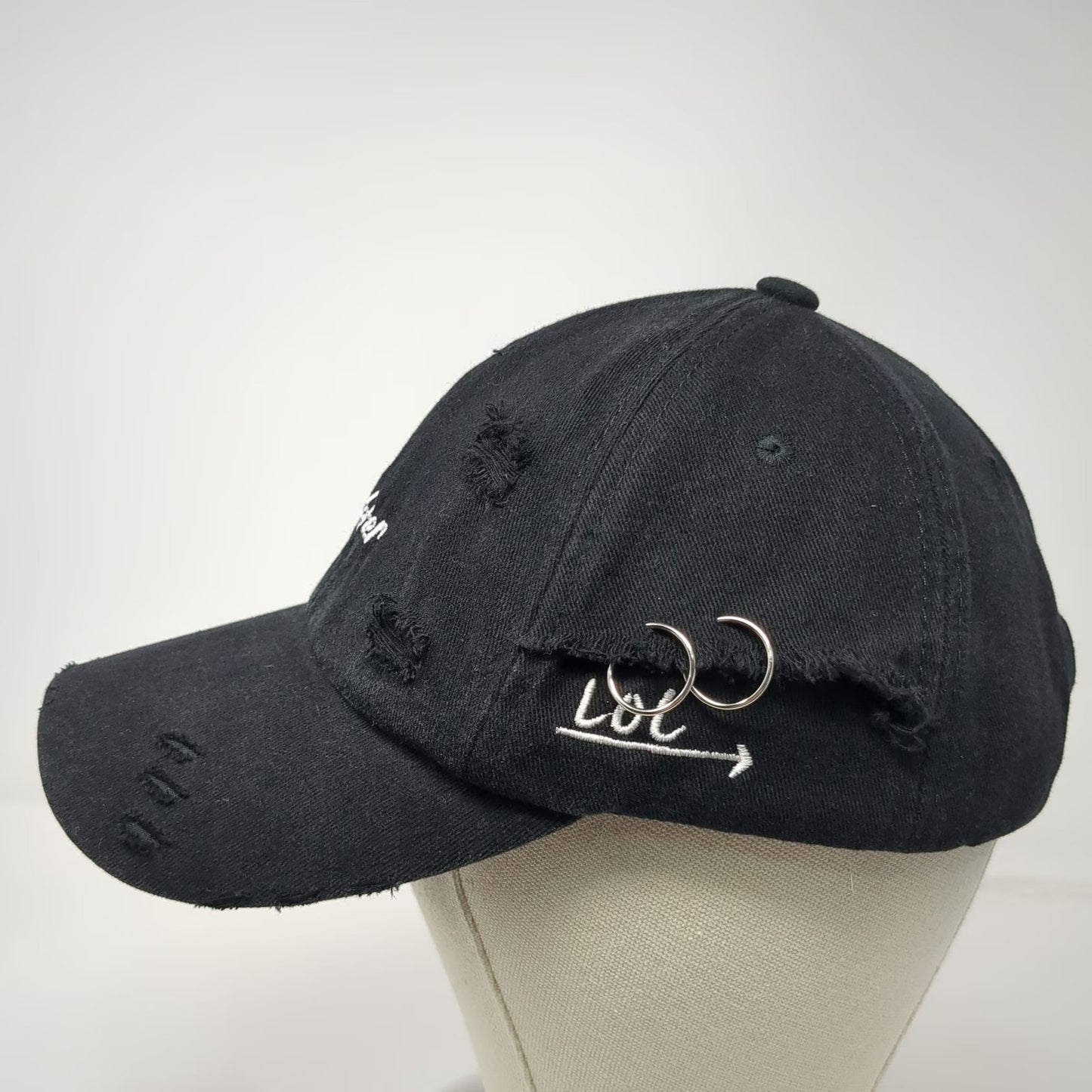 Black Baseball Cap OS Distressed Metal Rings Embroidery Slideback Hat Cotton