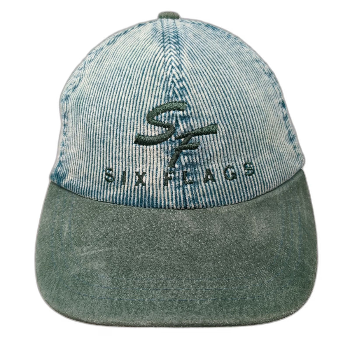 Six Flags Baseball Cap Green One Size Acid Wash Corduroy Suede Slideback Hat