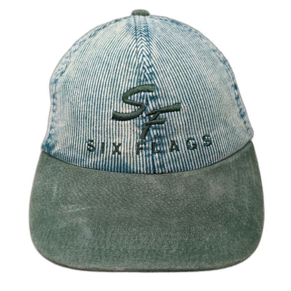 Six Flags Baseball Cap Green One Size Acid Wash Corduroy Suede Slideback Hat