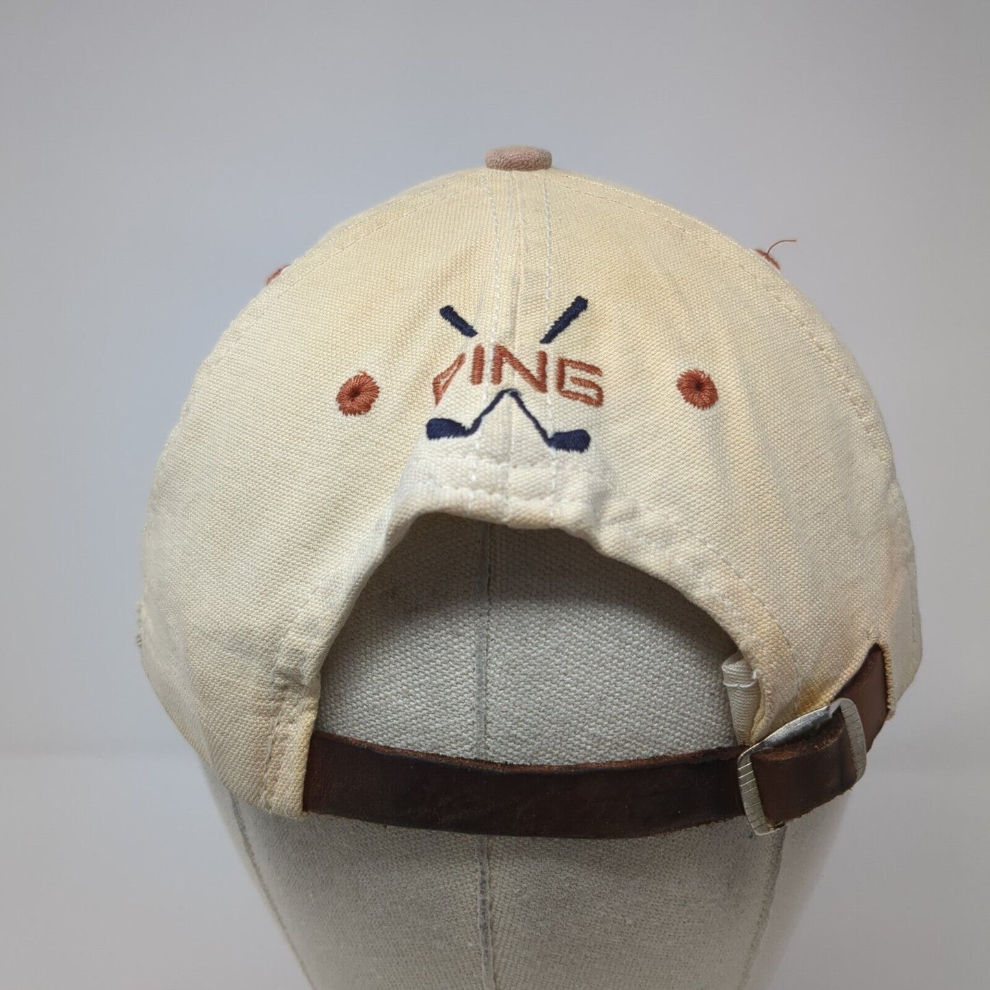 PING Baseball Cap Beige One Size Adjustable Embroidered Vented Holes 6 Panel