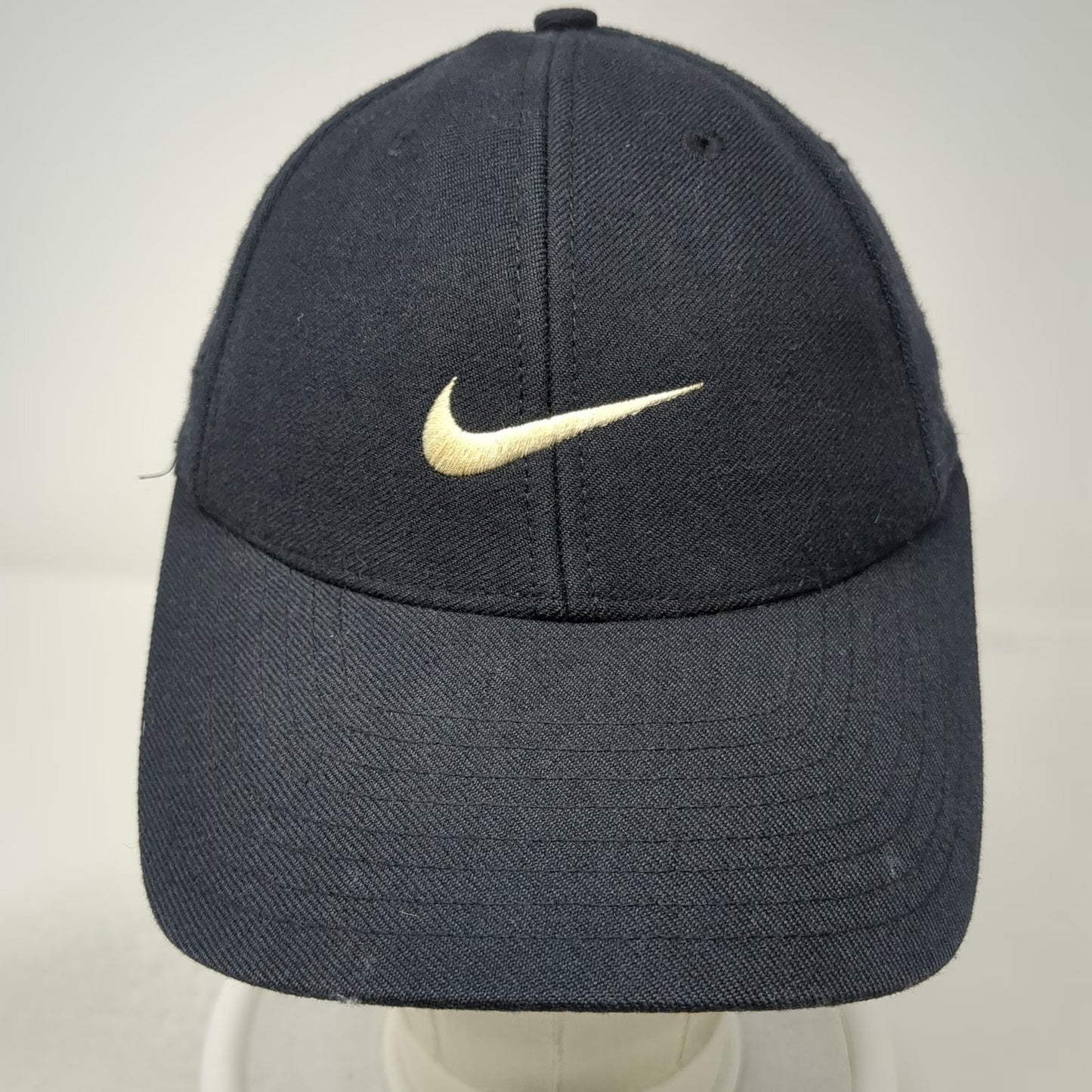 Nike Baseball Cap Black 7 1/4 Fitted 100% Wool Yellow Swoosh Logo Athletic Hat