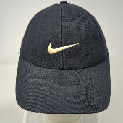 Nike Baseball Cap Black 7 1/4 Fitted 100% Wool Yellow Swoosh Logo Athletic Hat