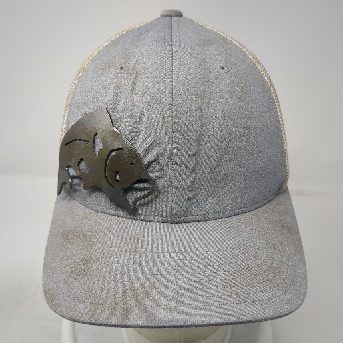 Flexfit Yupoong Baseball Cap Gray One Size Mesh Back Metal Fish Stretch Fit Hat