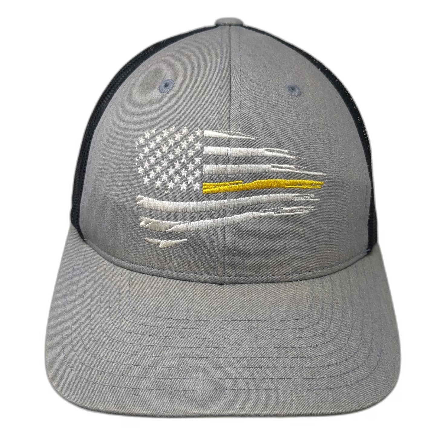 Sport-Tek Trucker Hat Gray One Size Mesh Snapback Thin Yellow Line American Flag