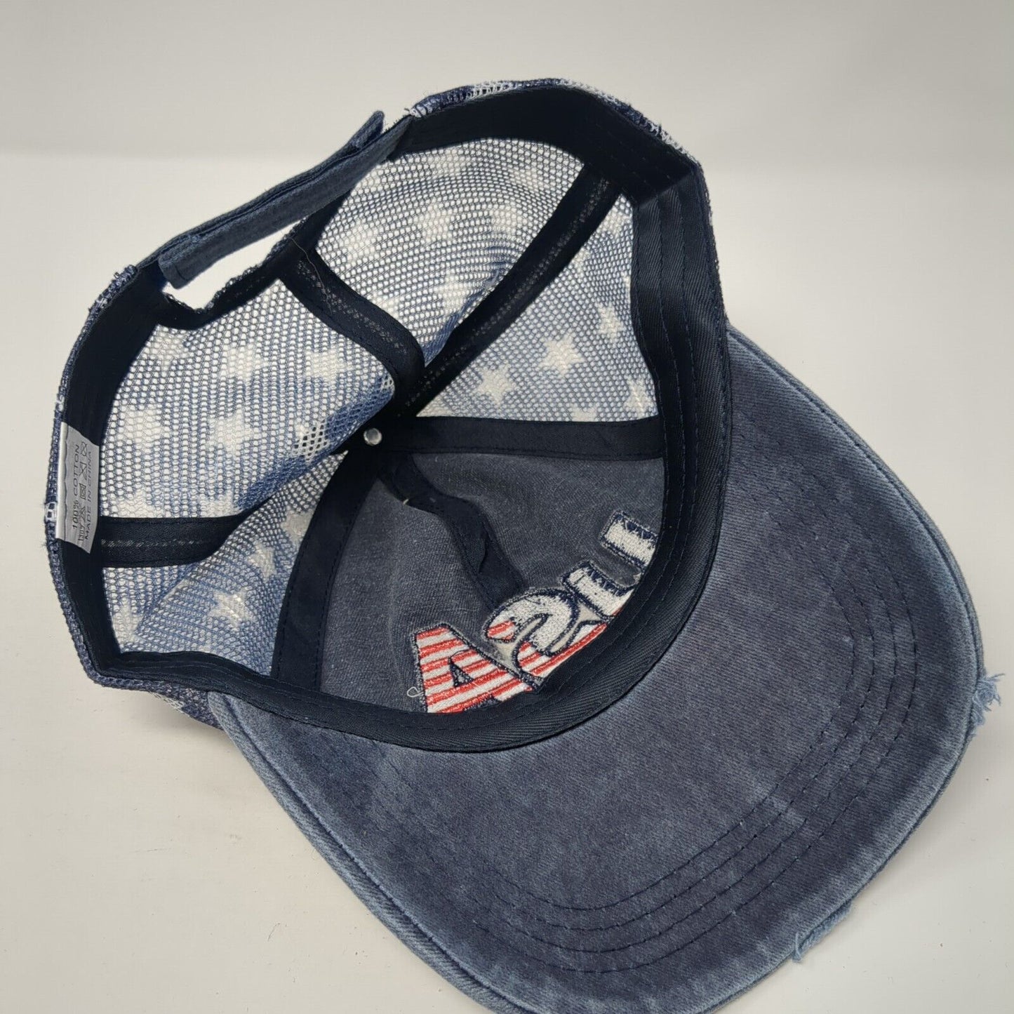 USA Strapback Trucker Hat Blue OS Adjustable Patriotic Distressed Mesh Back