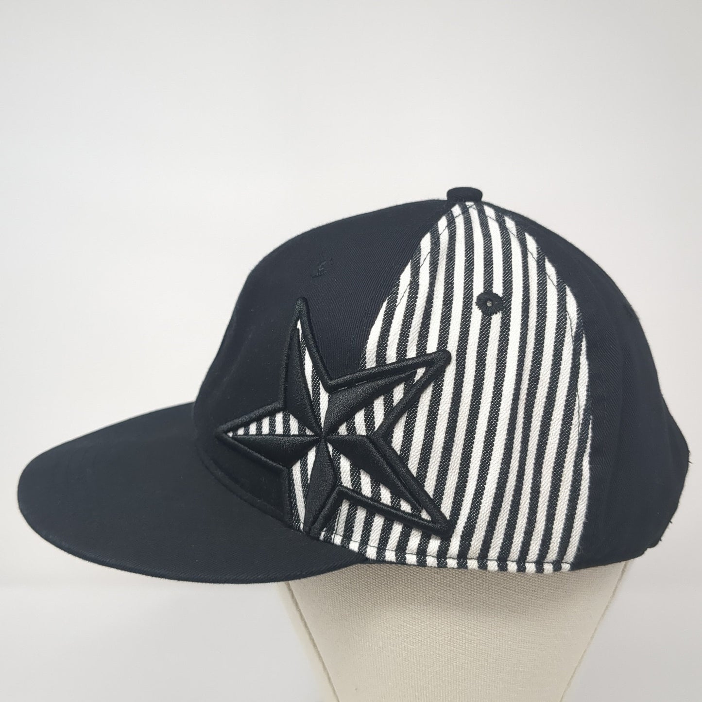 Star Snapback Hat Black One Size Adjustable Embroidered Striped Cotton
