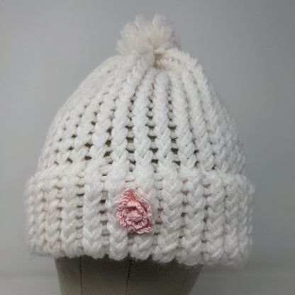 Grandma Bonnie Tender Loving Care Women's Knit Beanie Hat White Flower Accent