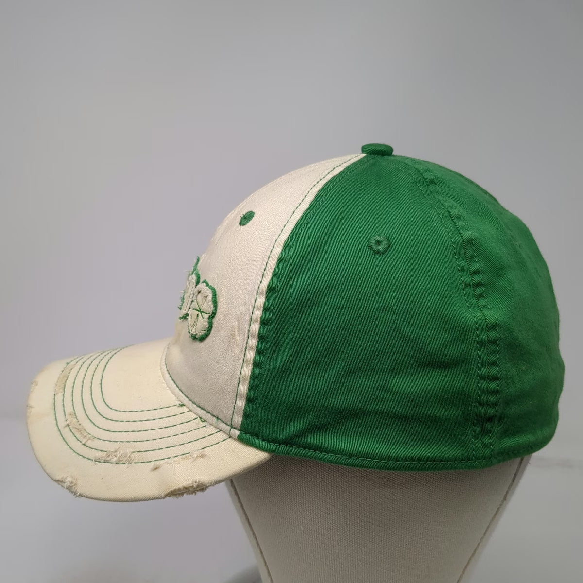 Falcon Baseball Cap White Green One Size Distressed Irish Shamrock Frayed Hat
