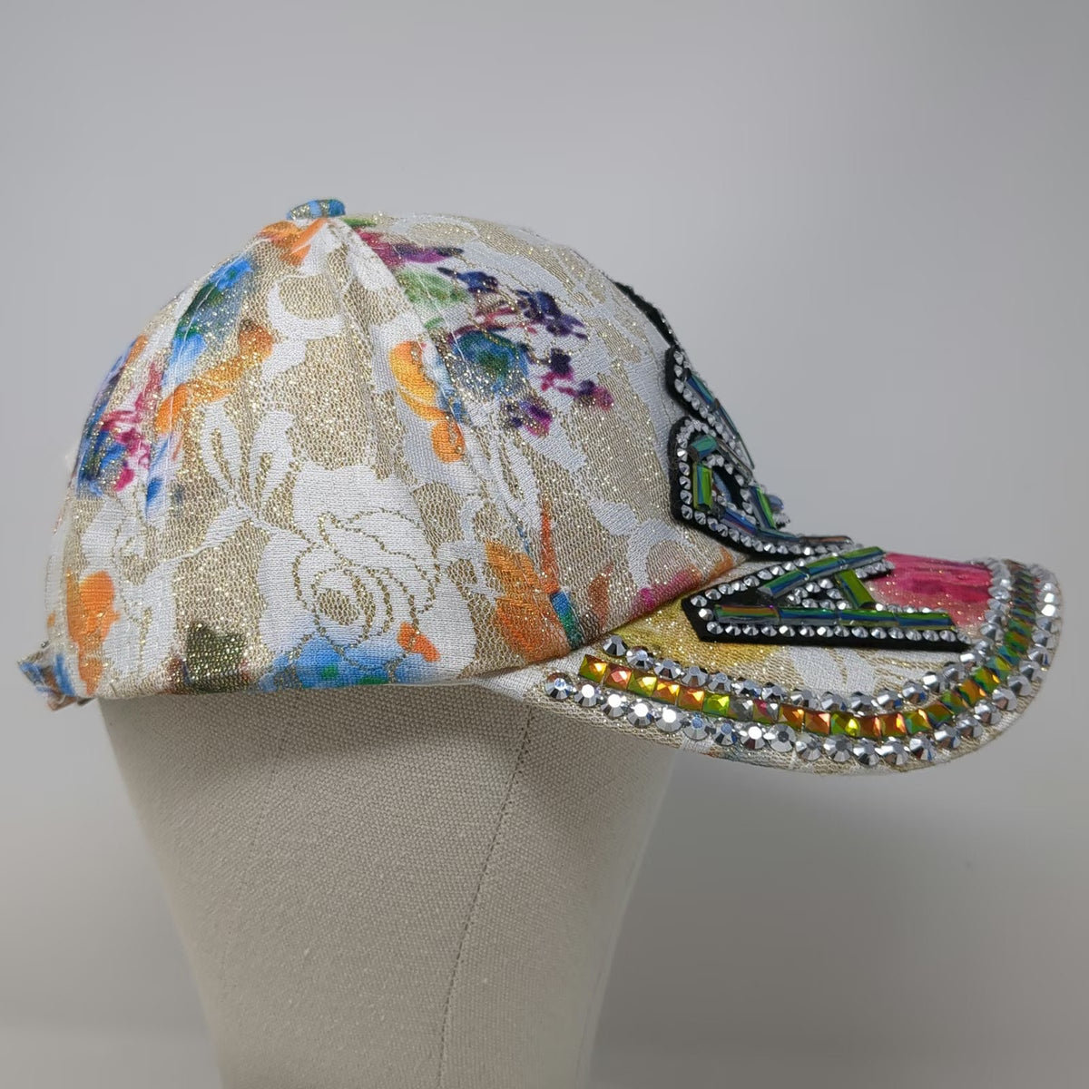 White Baseball Cap OSFM Aruba Rhinestone Gem Floral Sparkle Bling Embellished