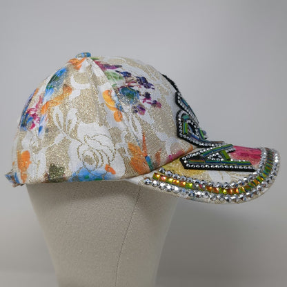 White Baseball Cap OSFM Aruba Rhinestone Gem Floral Sparkle Bling Embellished