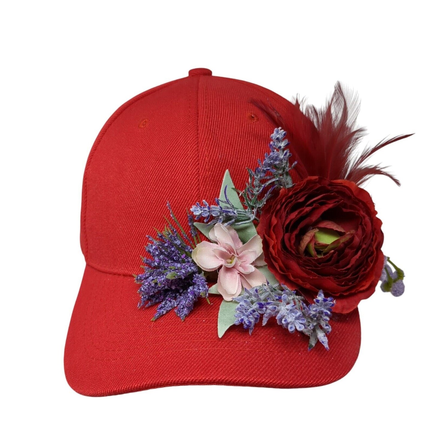 Flower Barrette Strapback Hat Red One Size Adjustable Floral 6 Panel Acrylic