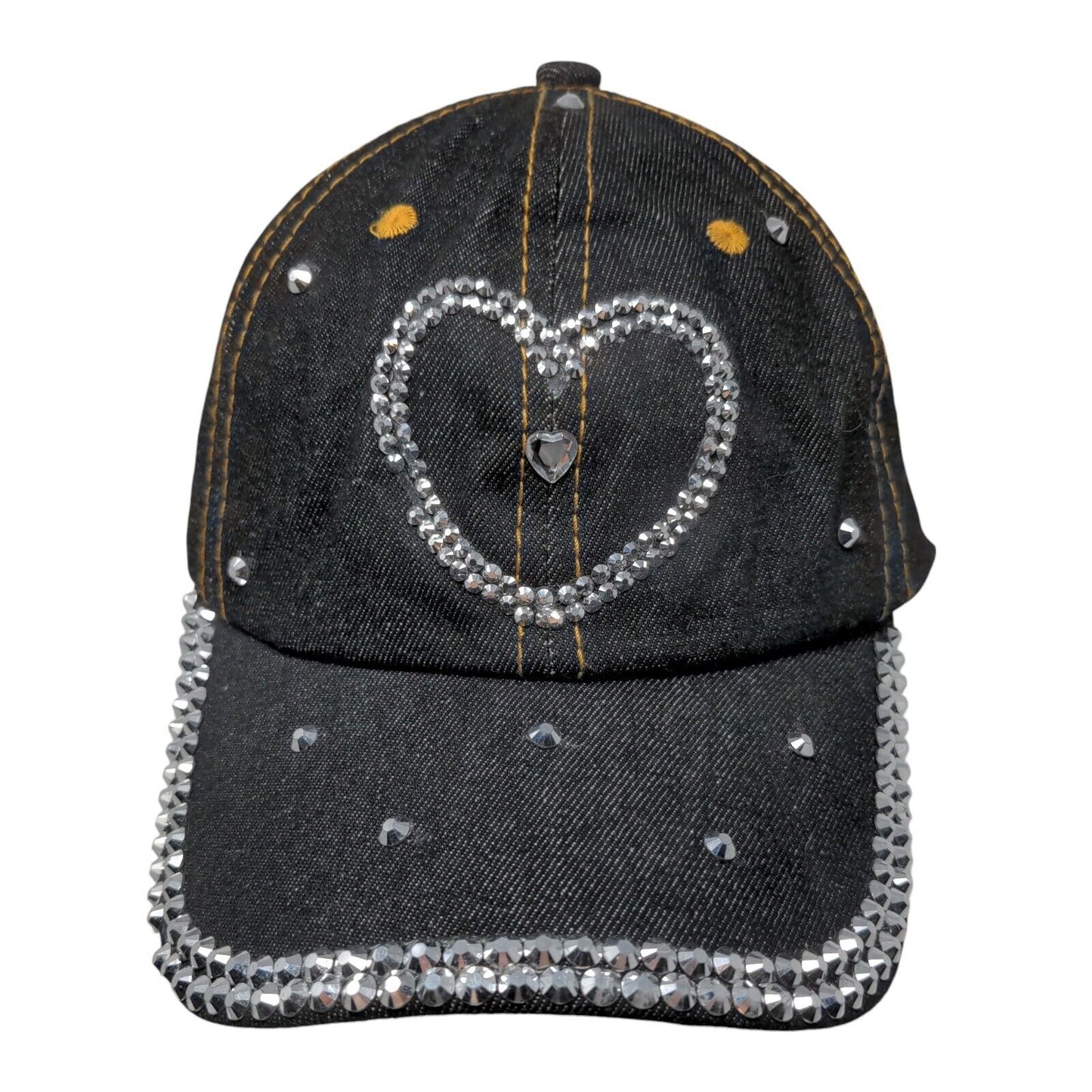 Heart Bling Slideback Hat Black One Size Leather Strap 6 Panel Studded