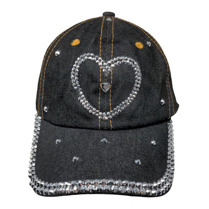 Heart Bling Slideback Hat Black One Size Leather Strap 6 Panel Studded