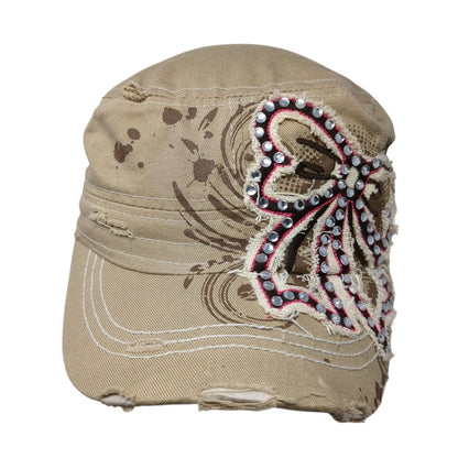 Leader Stretch Fitted Cadet Army Cap Hat Tan One Size Bow Rhinestone