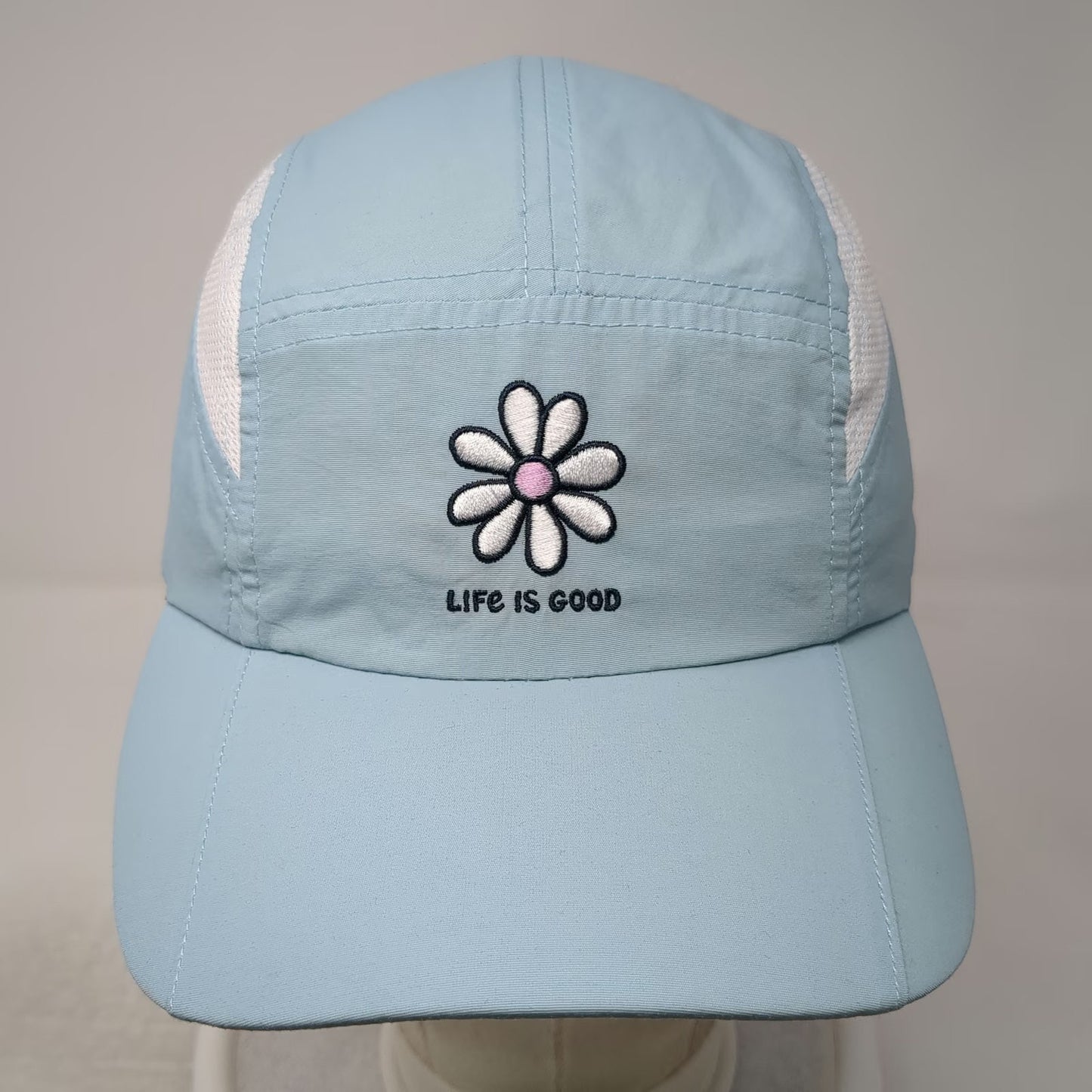 Life is Good 5 Panel Blue Hat One Size Mesh Back Reflective Strap Nylon Daisy