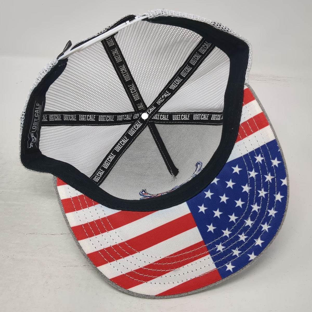 Lost Calf Trucker Hat Gray One Size Steer Bull American Flag Underbrim Snapback