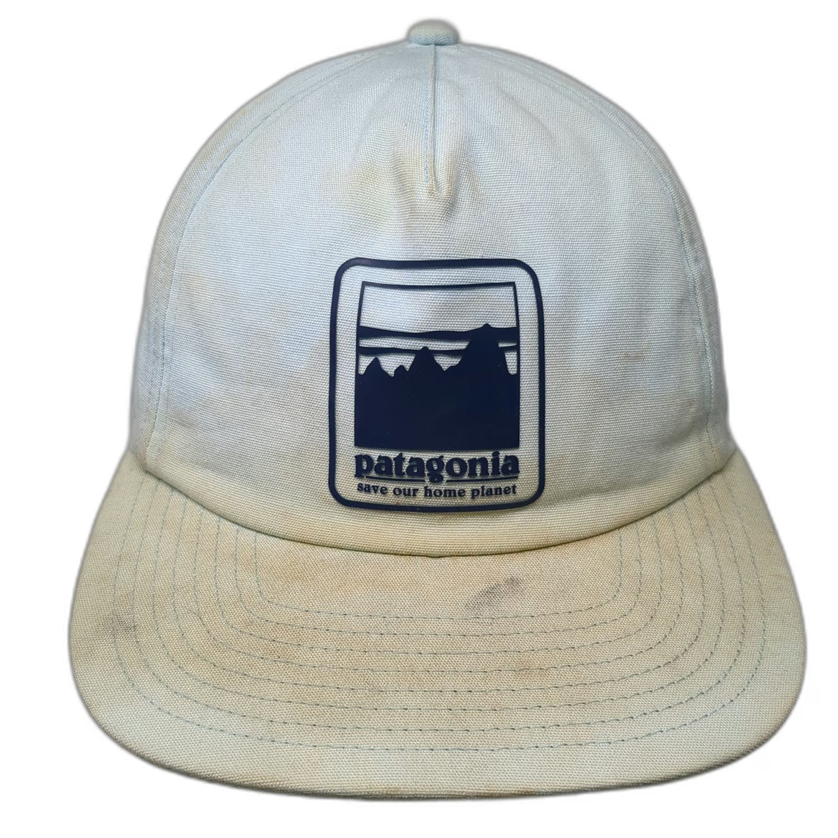 Patagonia 5 Panel Blue Hat One Size Snapback Mountain Logo Patch Recycled Brim