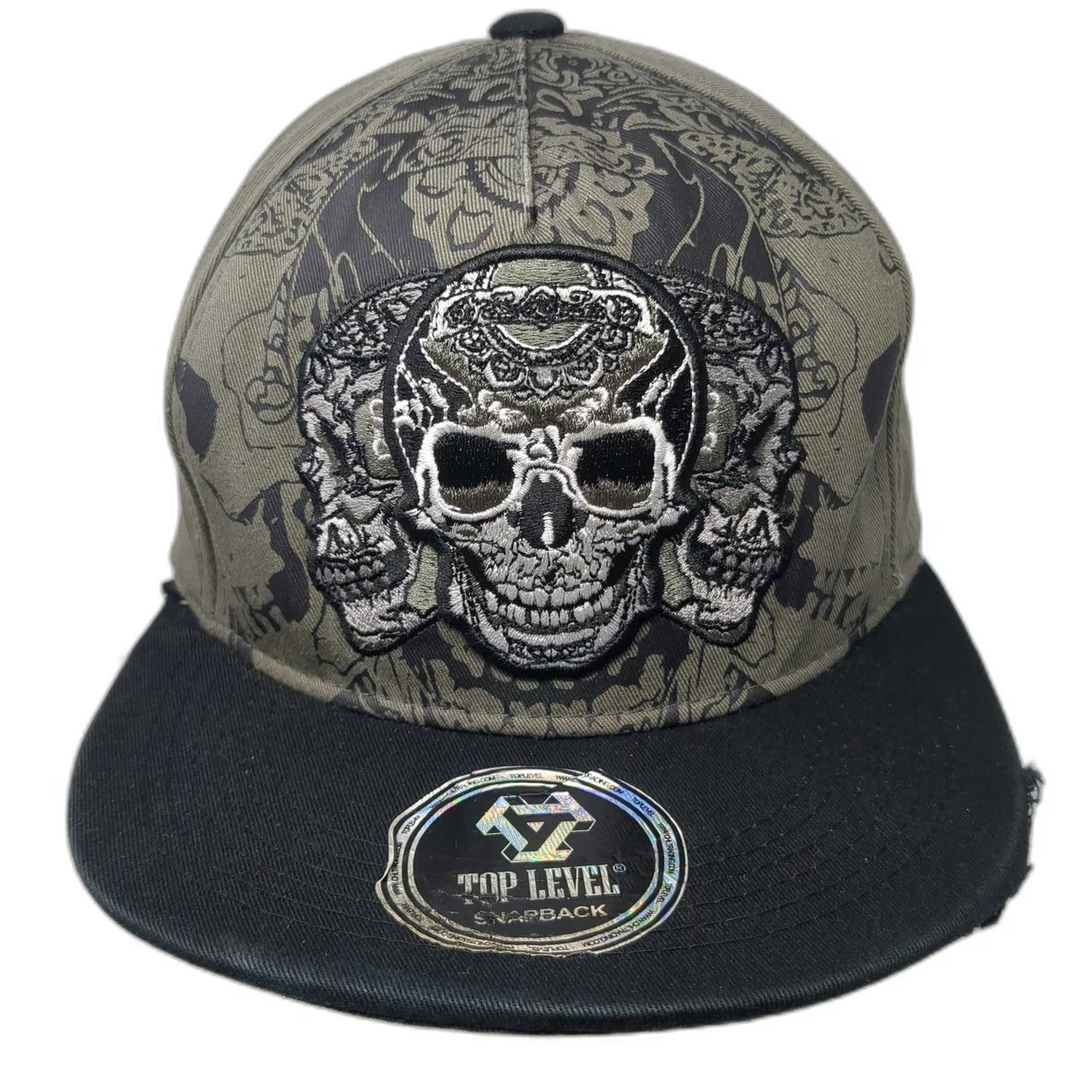 Top Level 5 Panel Green Hat One Size Skull Embroidery Distressed Snapback Biker