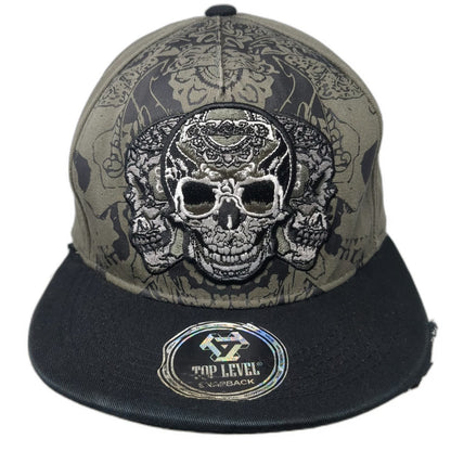 Top Level 5 Panel Green Hat One Size Skull Embroidery Distressed Snapback Biker