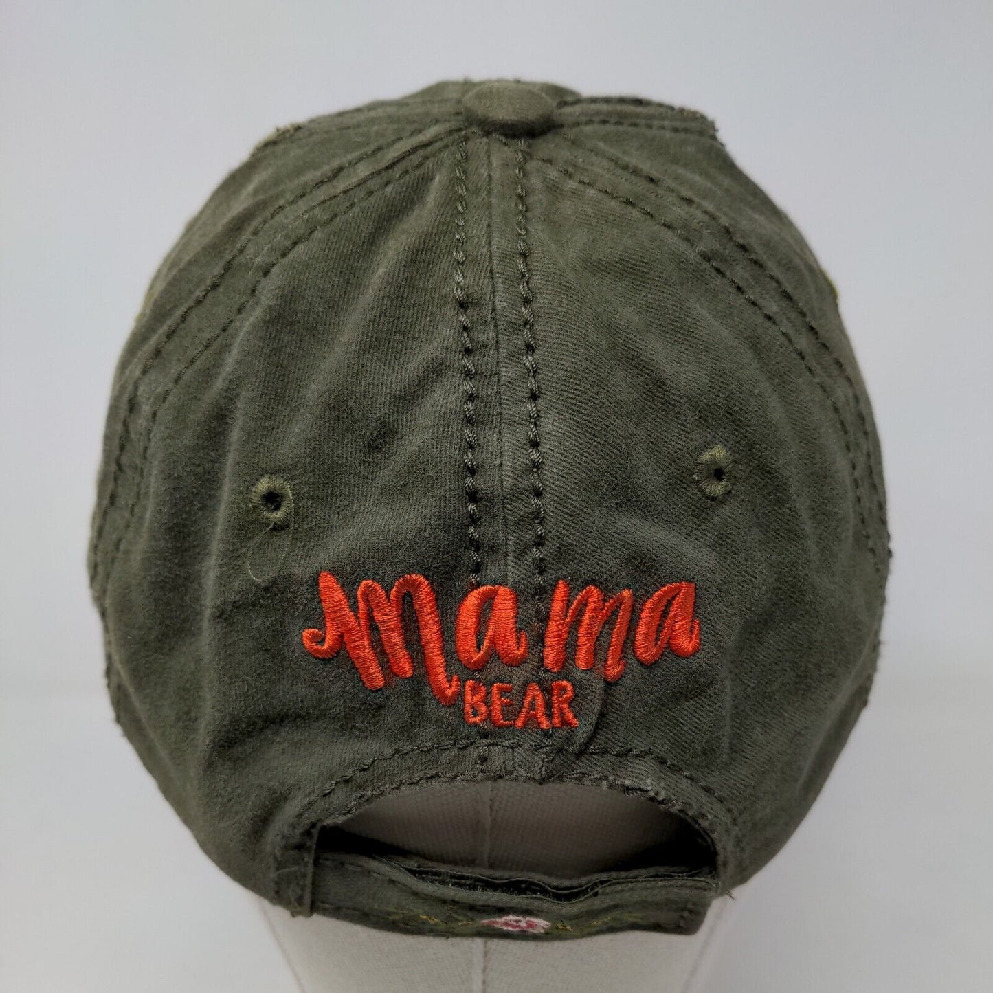 4350 District Women's Strapback Hat Green Embroidered Mama Bear Logo Cotton