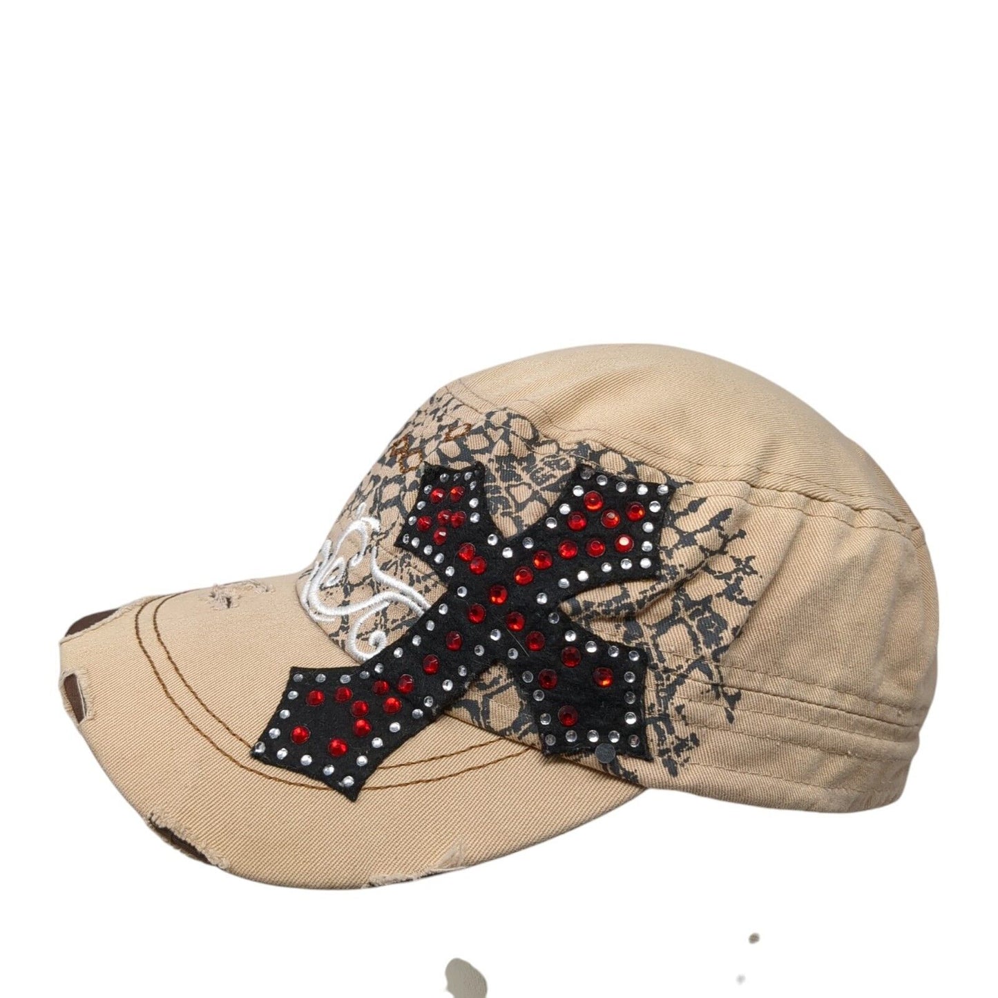 Rhinestone Cross Strapback Cadet Army Cap Tan OS Distressed National Cap & Sport