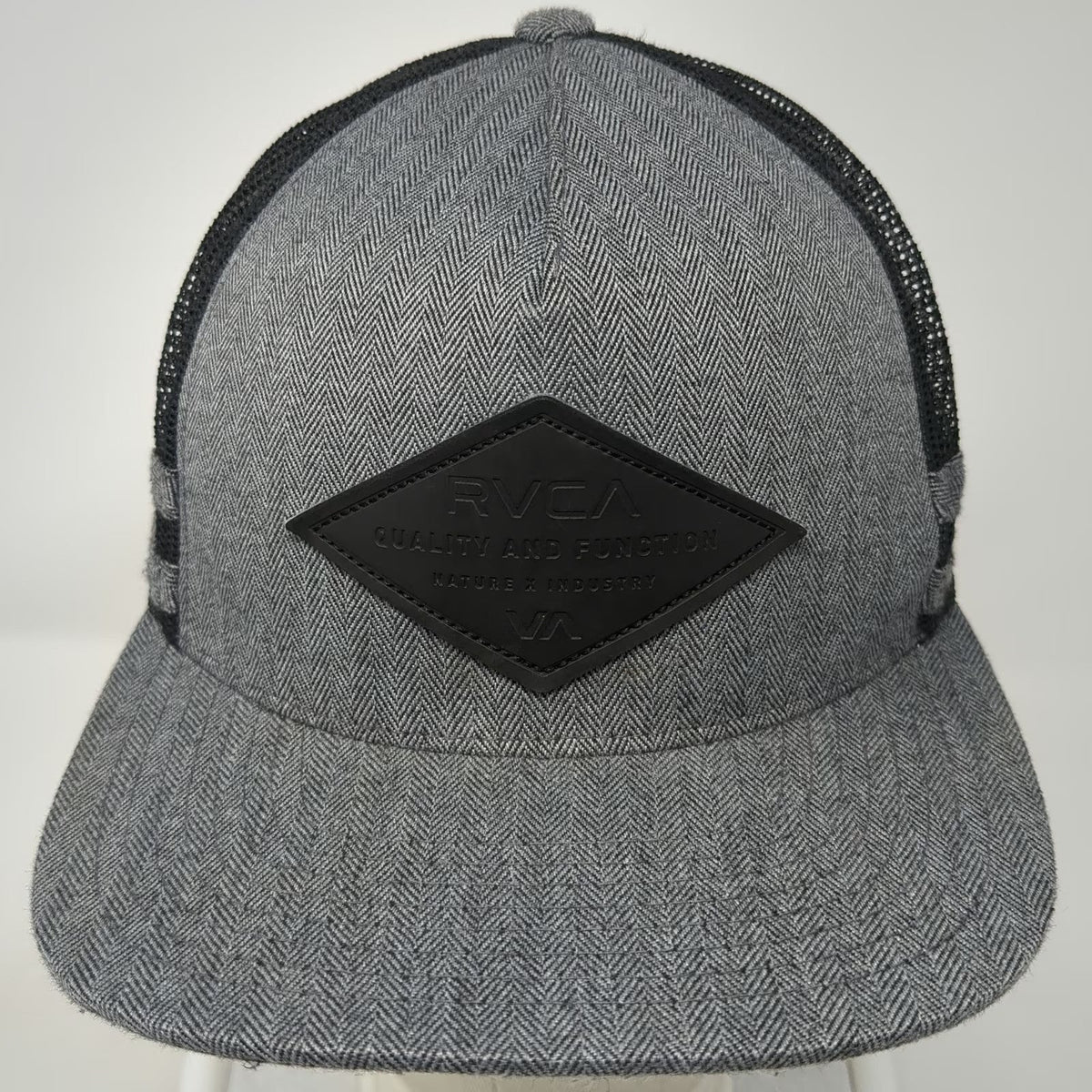 RVCA Trucker Hat Gray One Size Herringbone Diamond Logo Patch Snapback Mesh