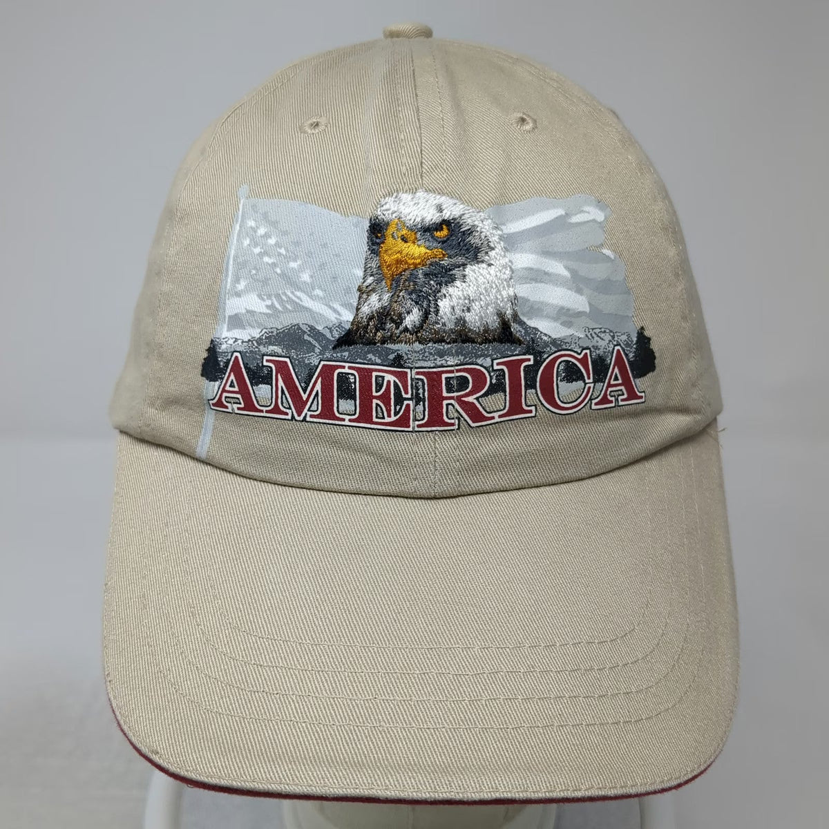 Baseball Cap Beige One Size Eagle American Flag Sandwich Brim Slideback USA Hat
