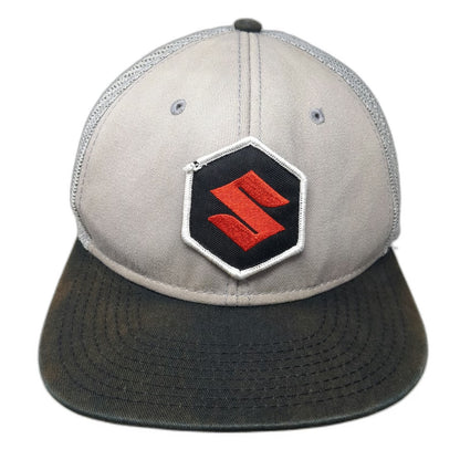 FX Suzuki Patch Gray Trucker Hat One Size Mesh Back Snapback Black Brim Motor
