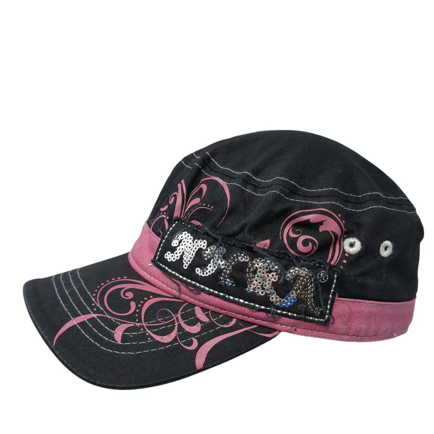 Main Gate Black Army Cap One Size NHRA Sequin Hot Rod Diva Pink Filigree Hat