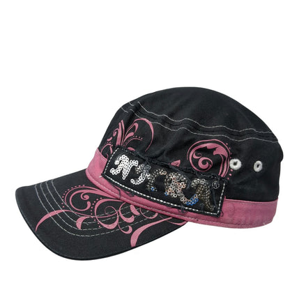 Main Gate Black Army Cap One Size NHRA Sequin Hot Rod Diva Pink Filigree Hat