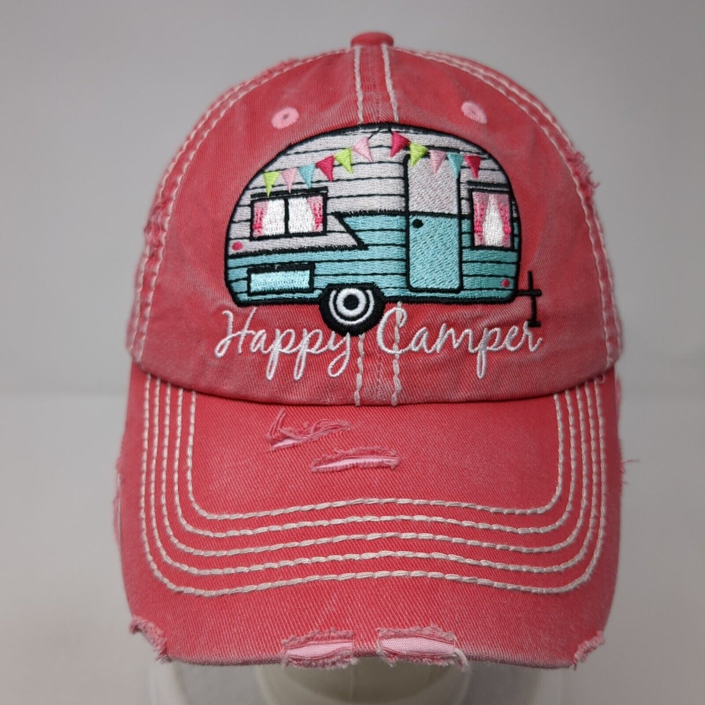 Happy Camper Slideback Hat Red OS Adjustable Embroidered Distressed KB ETHOS